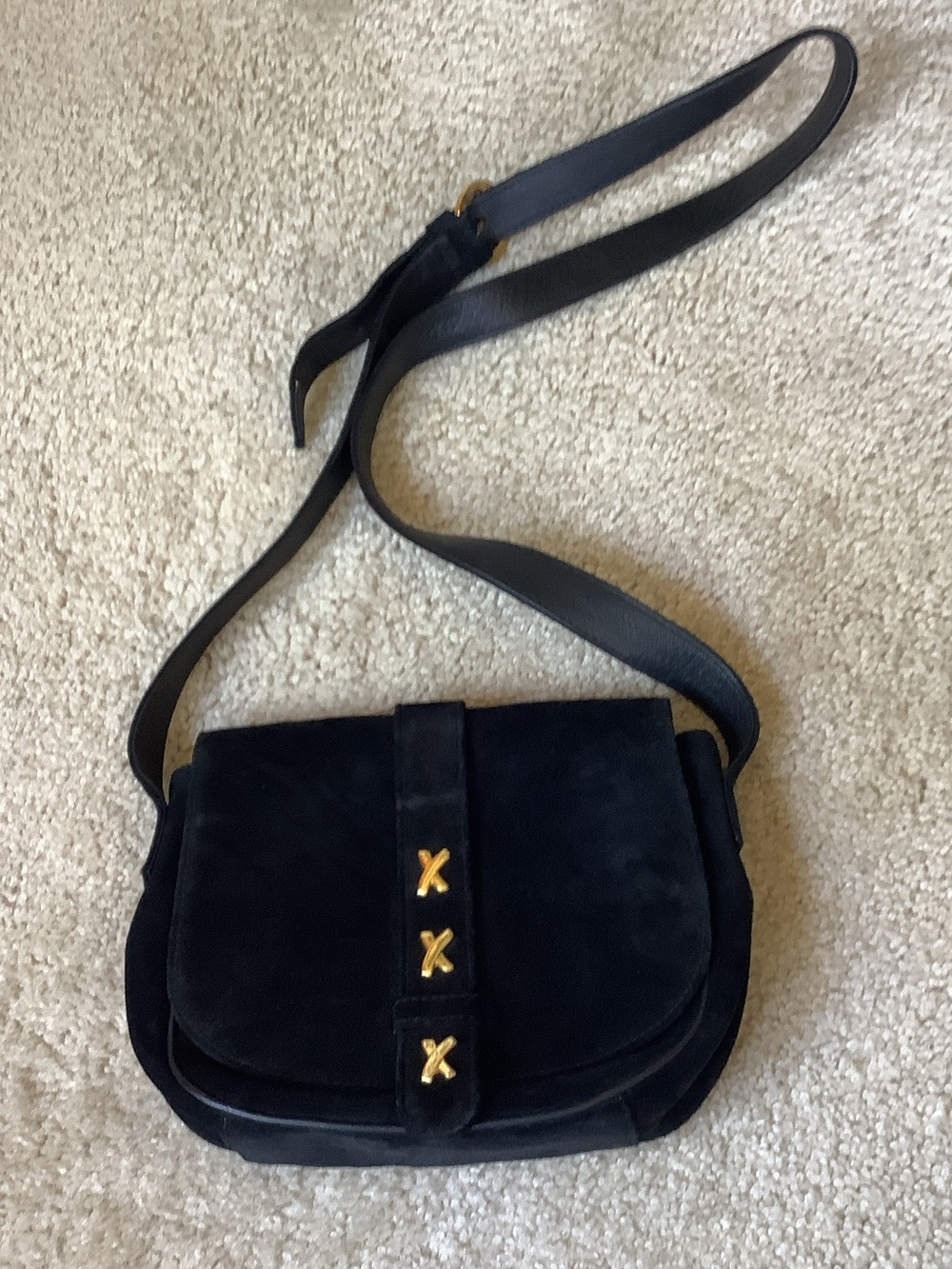 Paloma Picasso Black Suede Crossbody with Gold X Accents